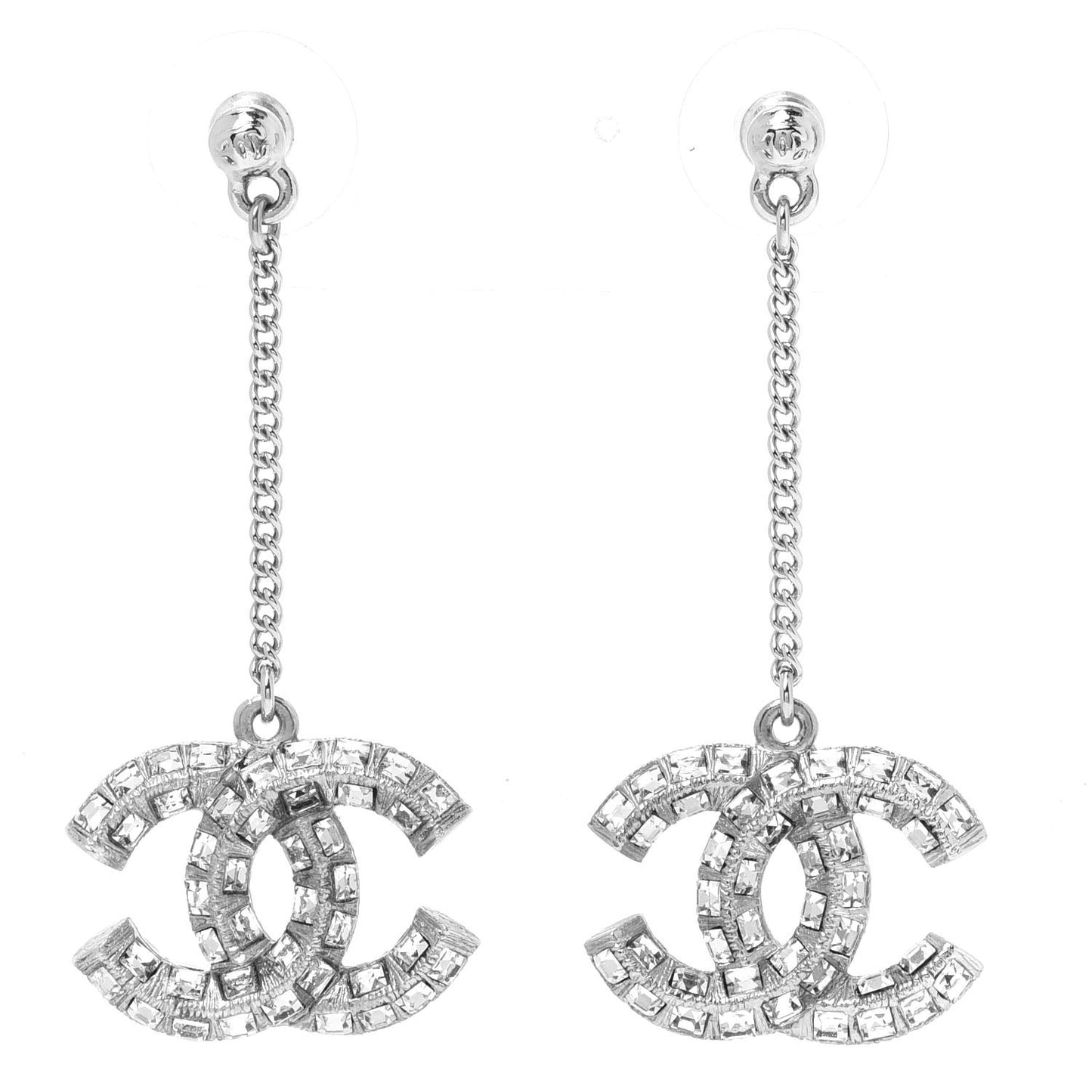 Baguette Crystal CC Drop Earrings Silver