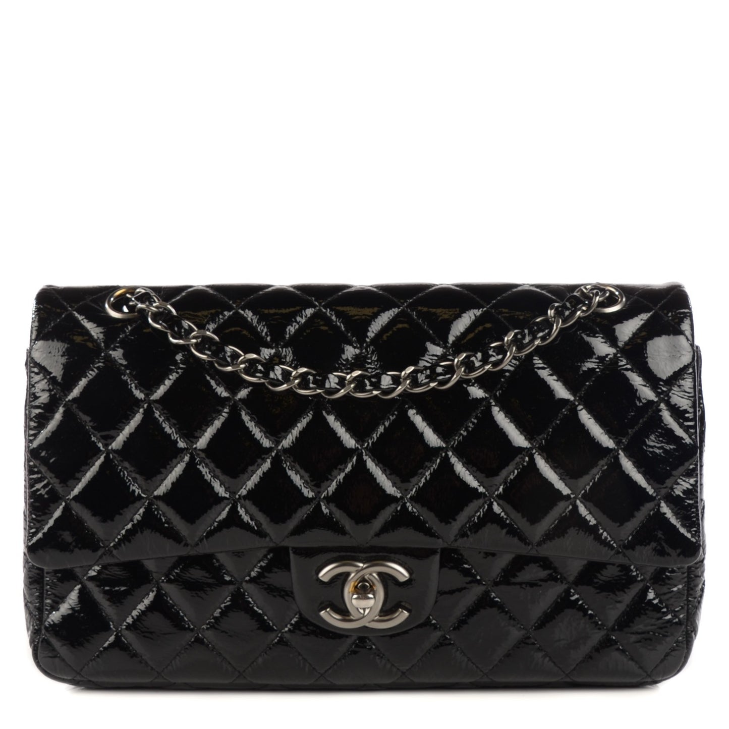 Distressed Patent Quilted Medium Double Flap Black