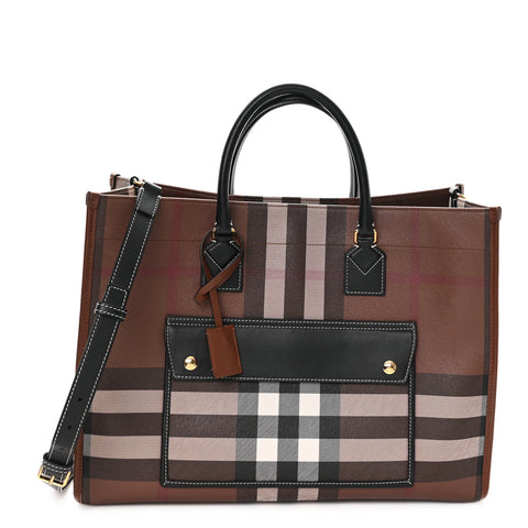 E-Canvas Check Calfskin Medium Freya Tote Dark Birch Brown