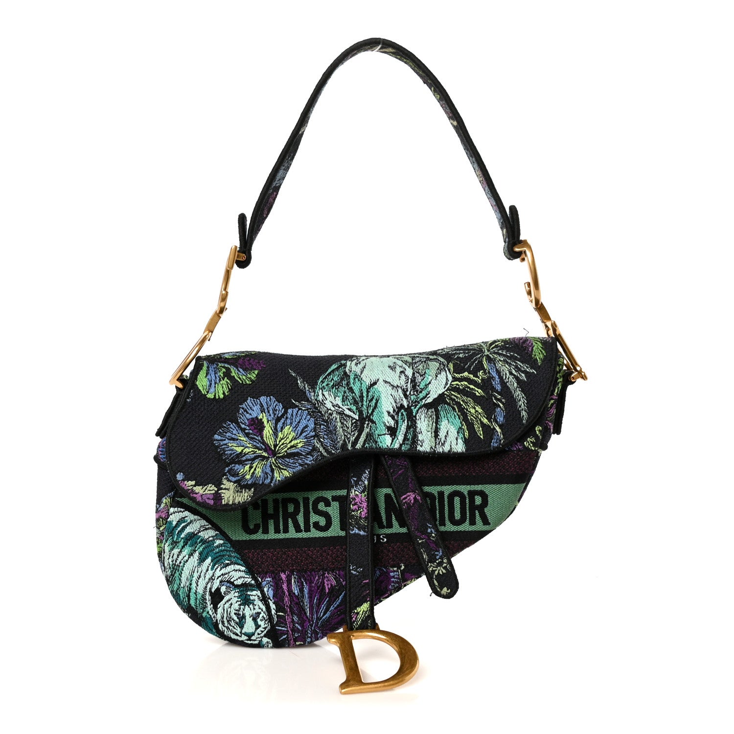 Christian Dior Canvas Embroidered Petites Fleurs Saddle Bag Black Multicolor 1 of 12