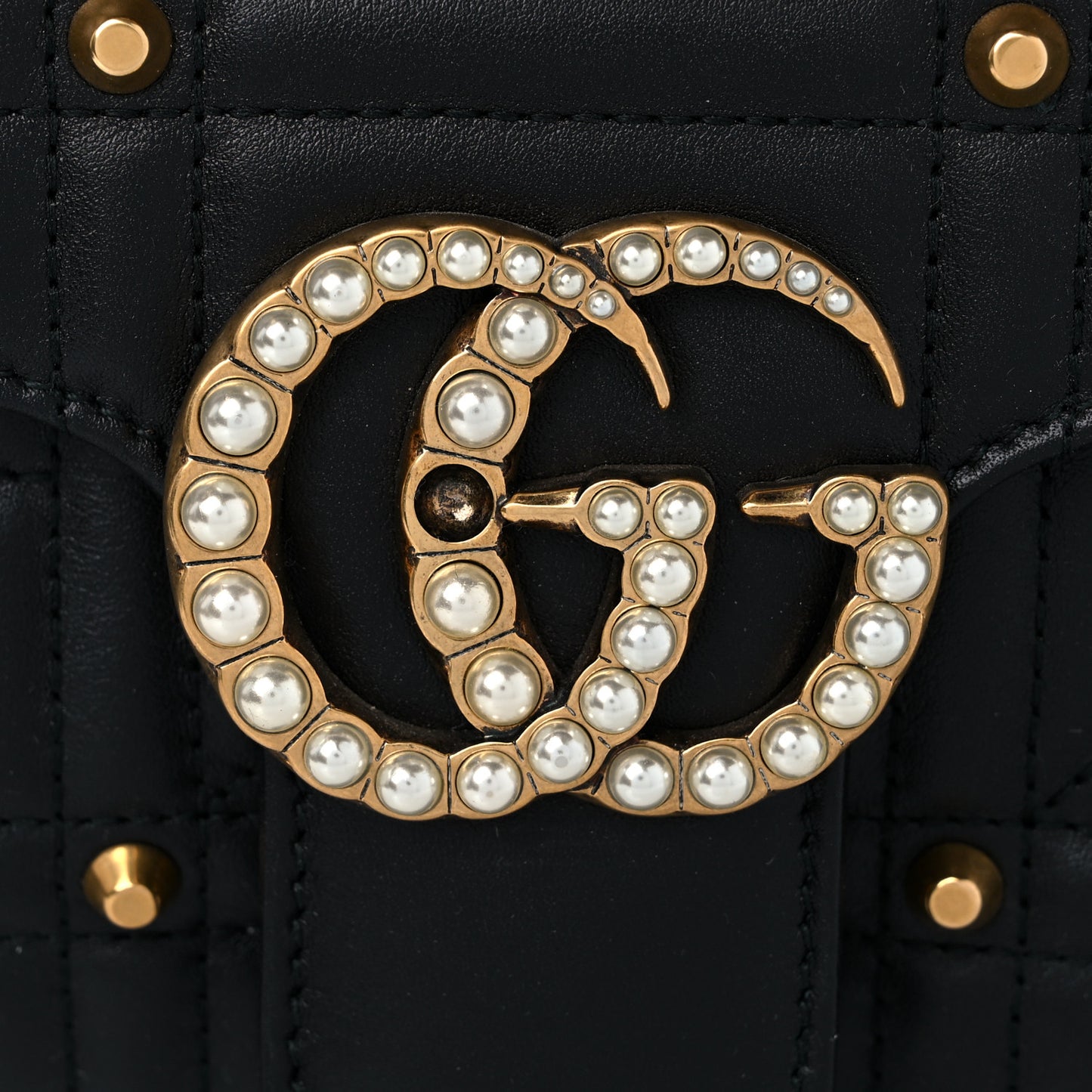 Calfskin Matelasse Studded Small Pearly GG Marmont Shoulder Bag Black