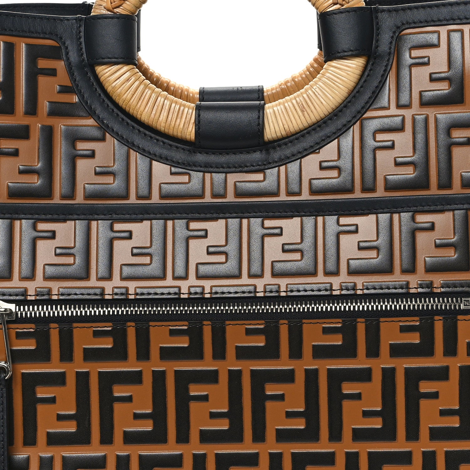 Fendi Vitello Century Wicker FF Embossed Large Runaway Shopper Tote Tobacco Black 8 of 12