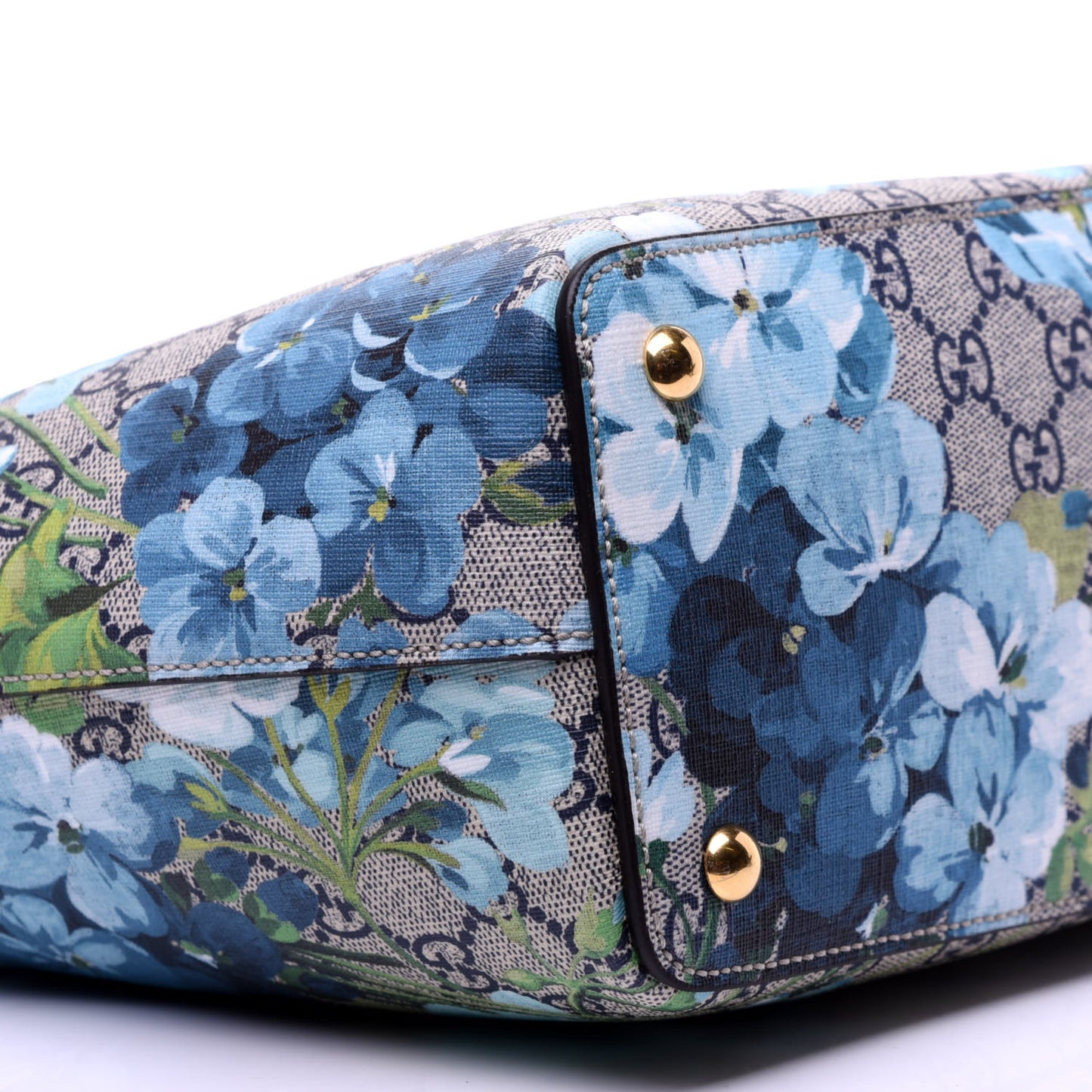 GG Supreme Monogram Blooms Medium Zippered Bucket Tote Beige Blue Navy Hibiscus Red