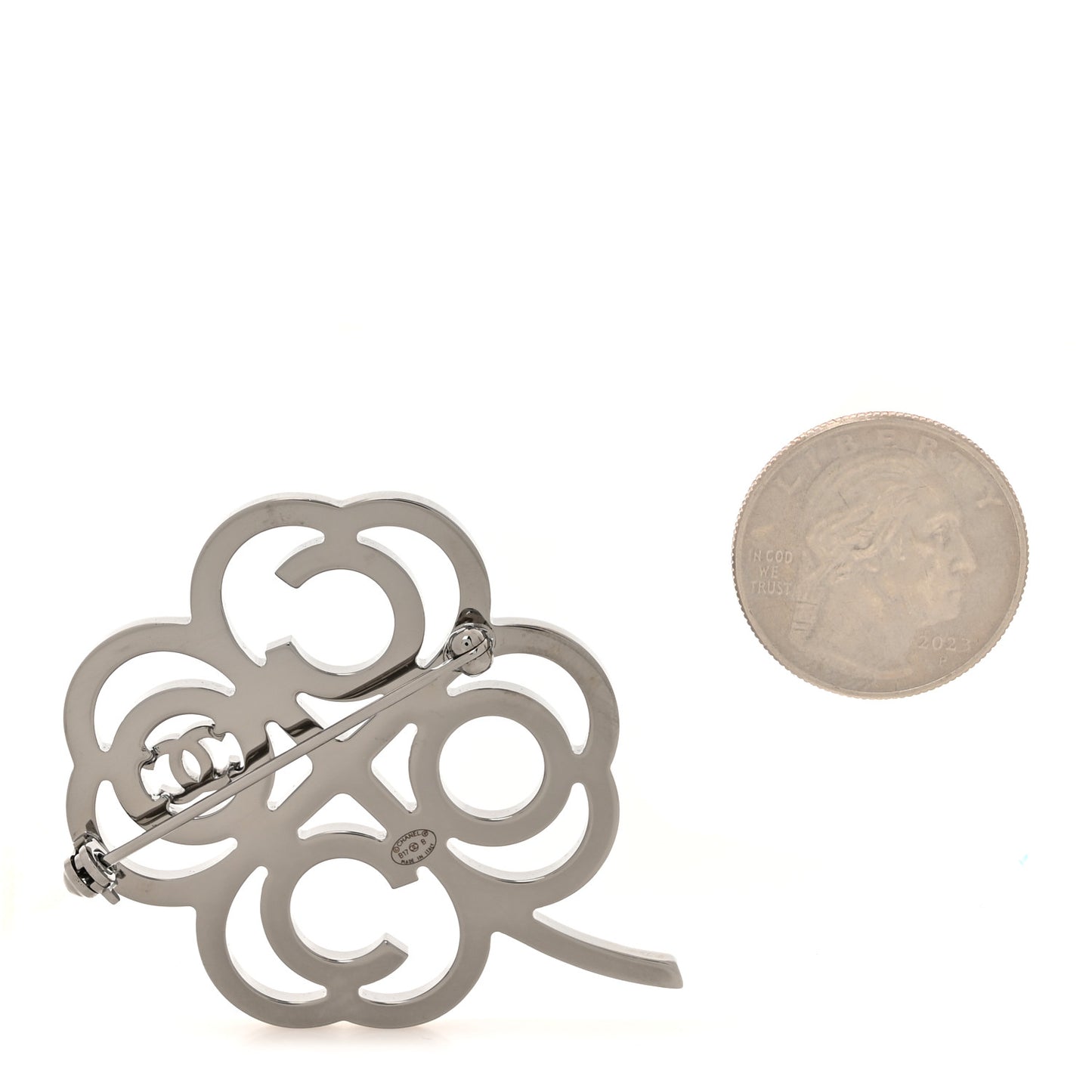Metal Strass Clover CC Brooch Pink Ruthenium