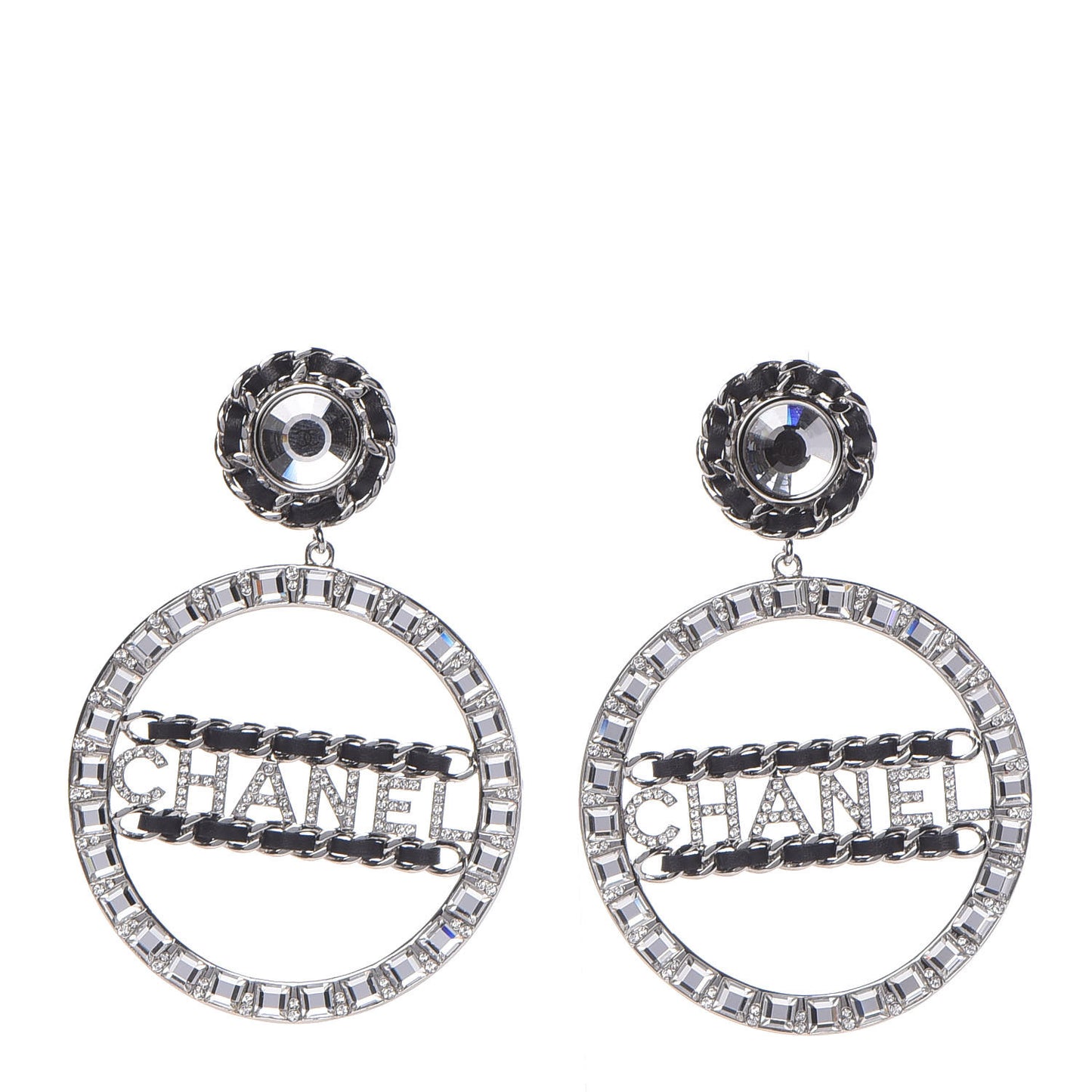 Crystal Lambskin Chain CC Hoop Clip On Earrings Black Silver