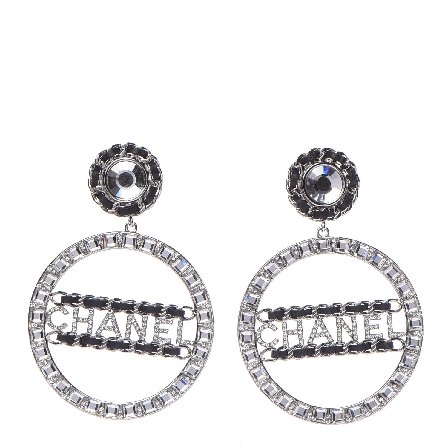Chanel Crystal Lambskin Chain CC Hoop Clip On Earrings Black Silver 1 of 4
