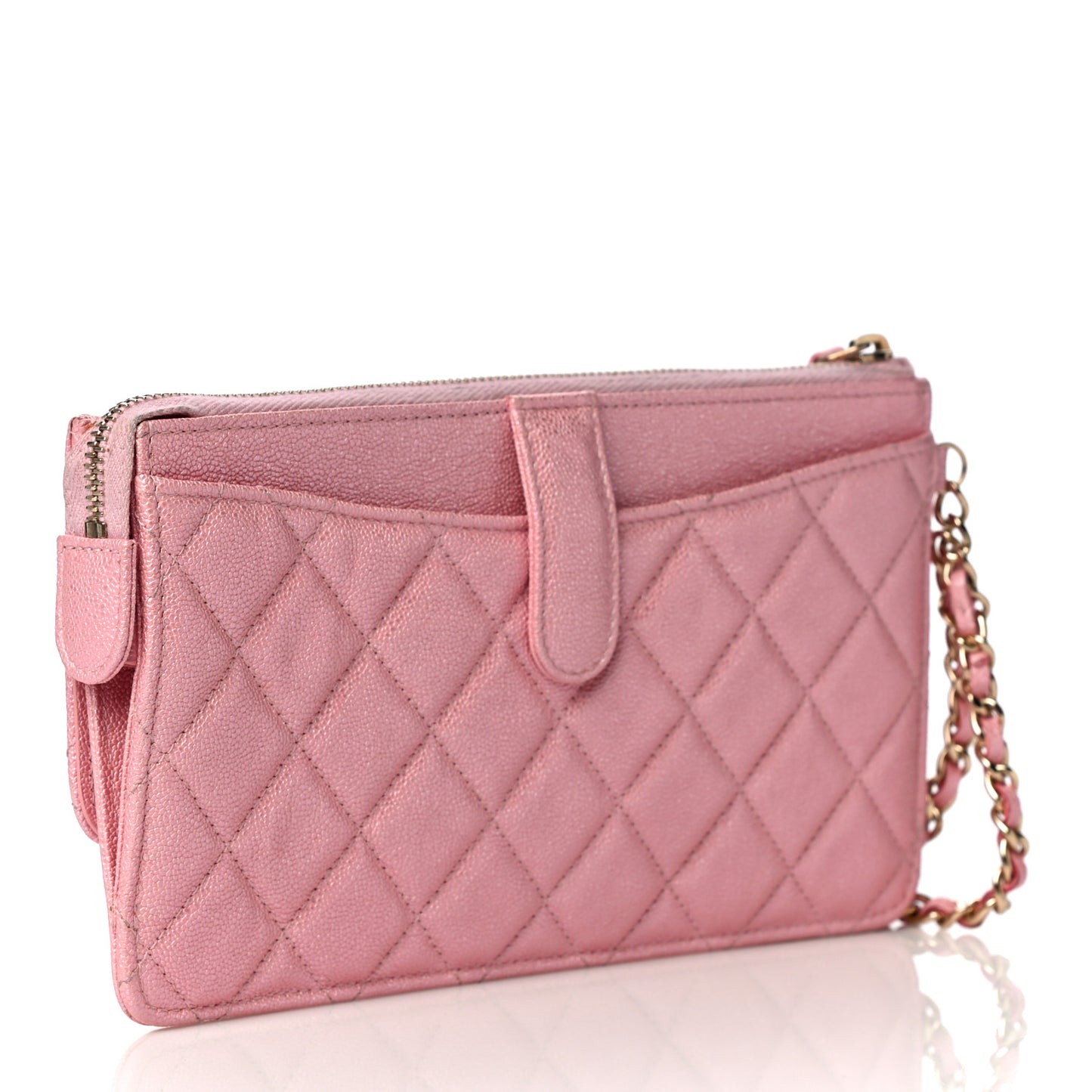 Iridescent Caviar Quilted Classic Pouch With Handle Rose Pink
