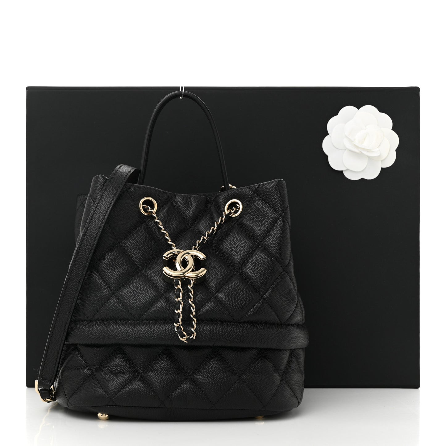 Caviar Quilted Rolled Up Bucket Drawstring Bag Black