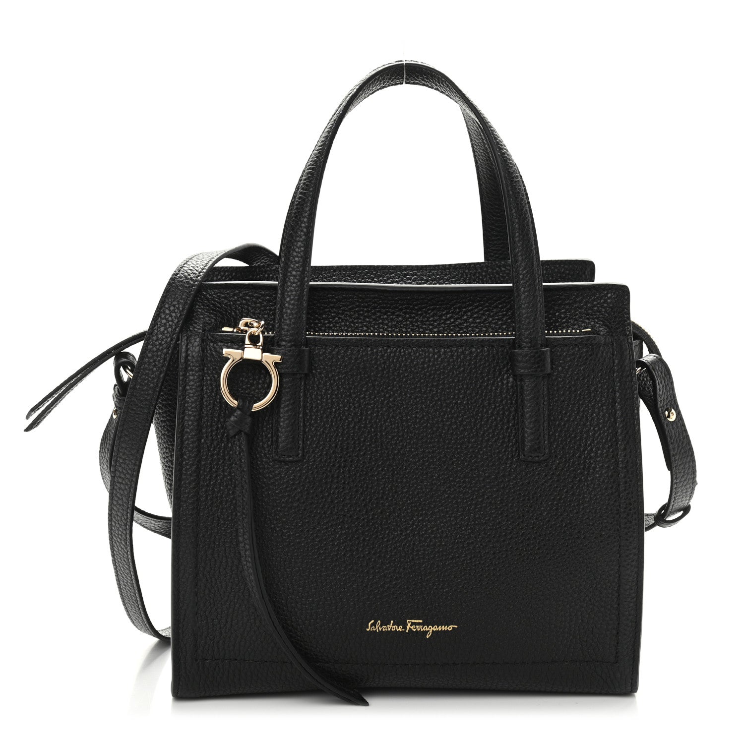 Salvatore Ferragamo Hammered Calfskin Double Handle Small Amy Tote Black 1 of 10
