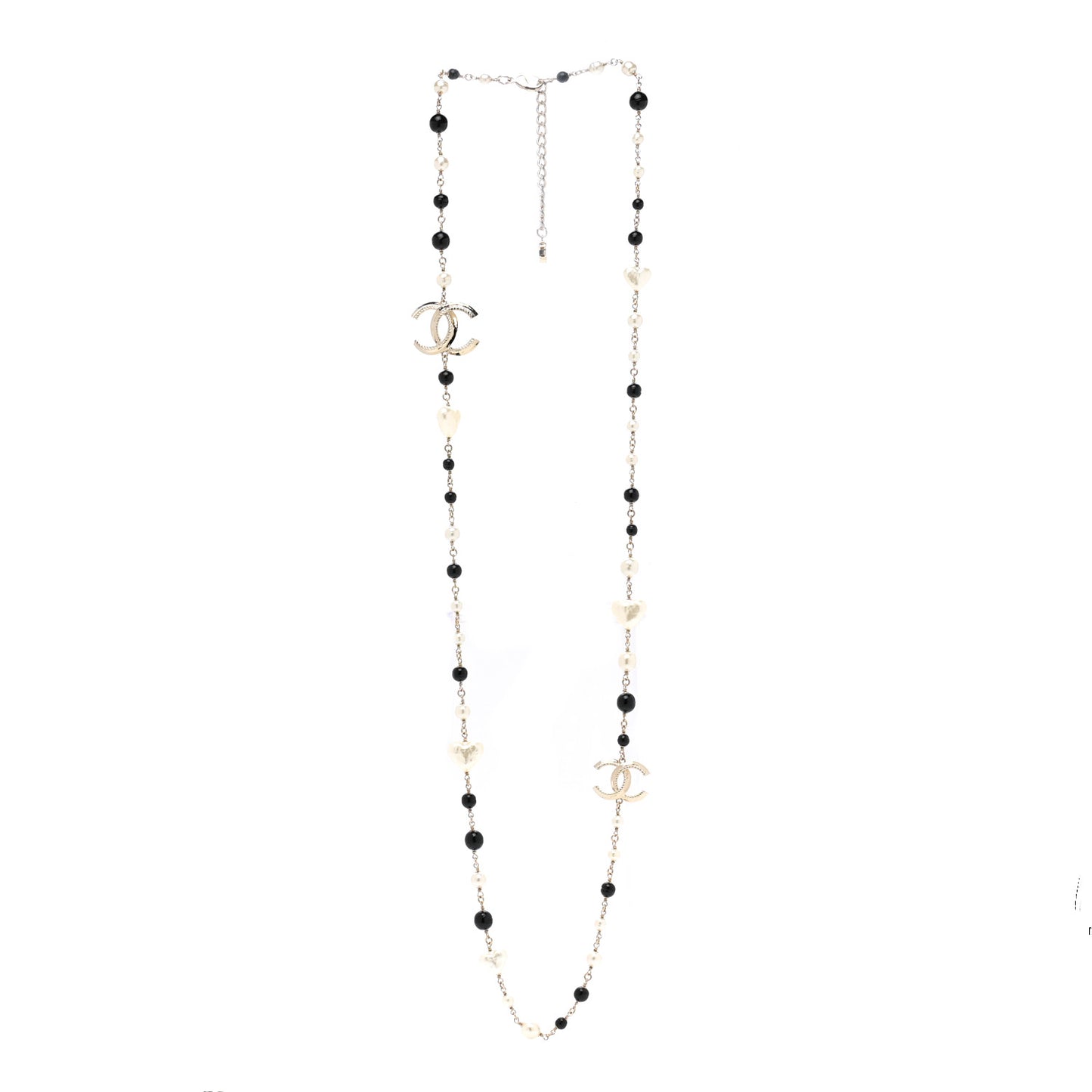 Pearl Bead Heart CC Long Necklace Gold Black
