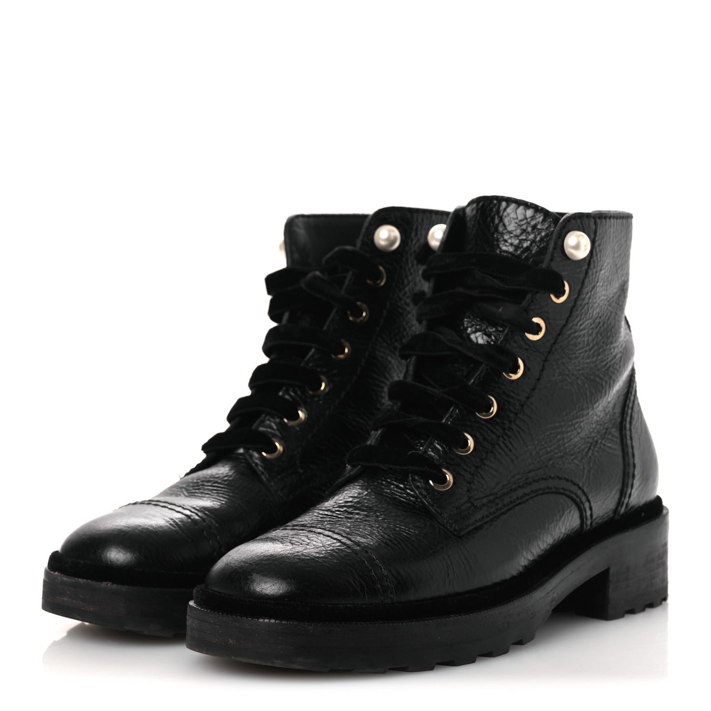 Shiny Calfskin Velvet Pearl Combat Short Boots 38 Black