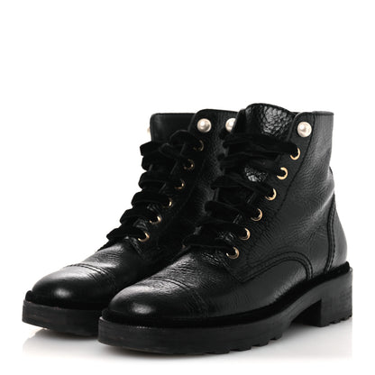 Chanel Shiny Calfskin Velvet Pearl Combat Short Boots 38 Black 4 of 14