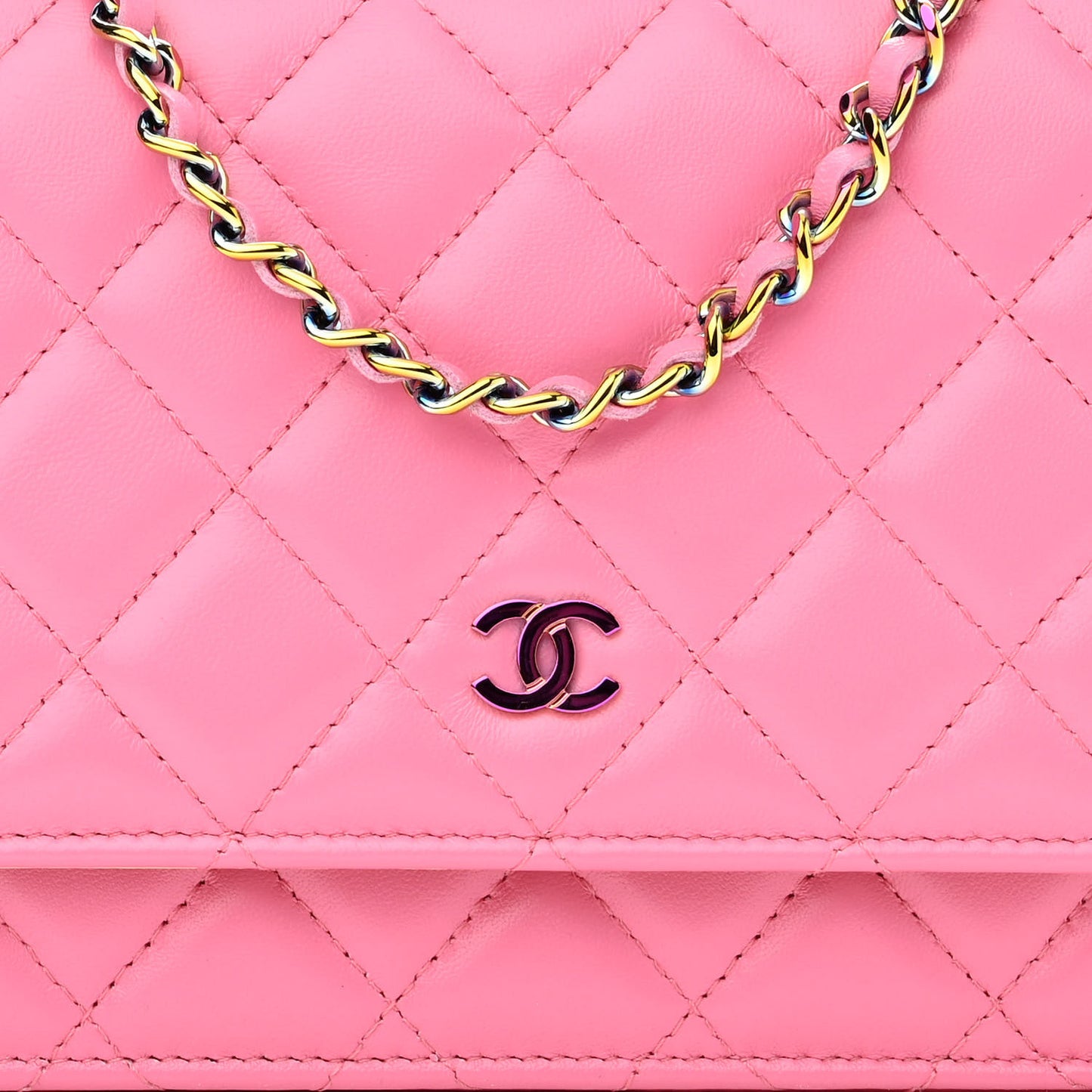 Lambskin Quilted Wallet On Chain WOC Pink Yellow