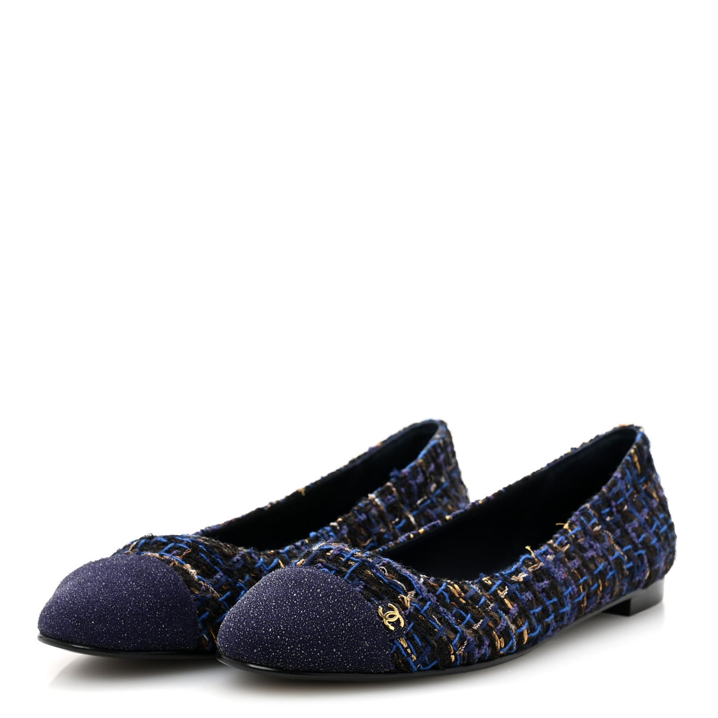 Tweed Lambskin Cap Toe Ballerina Flats 40 Navy Blue Black