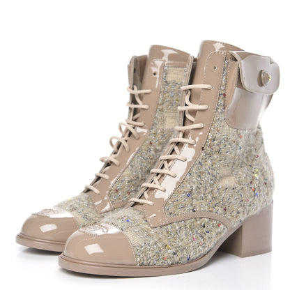 Chanel Tweed Patent Calfskin Lace Up Short Boots 39 Beige Multicolor 3 of 7