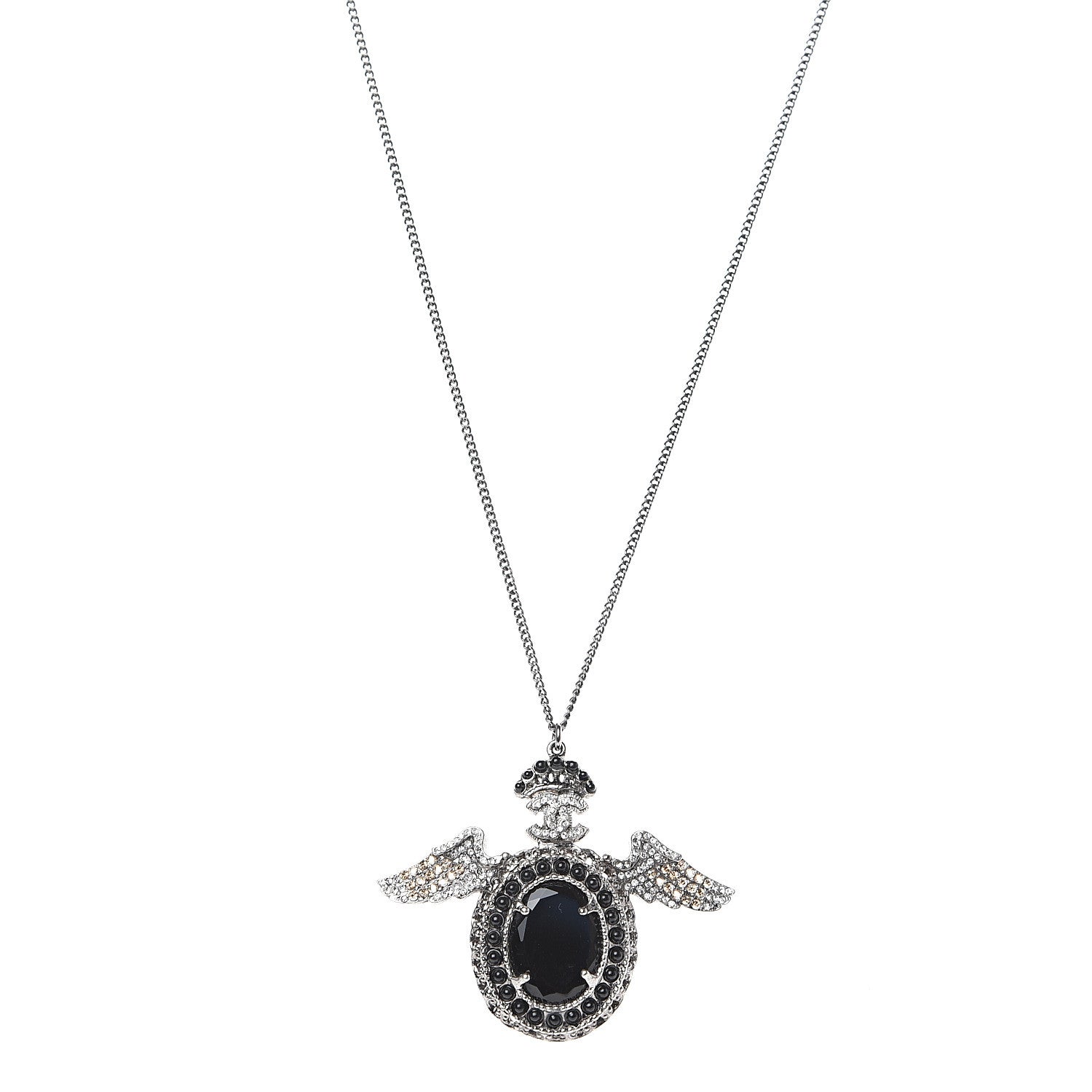 Chanel Crystal CC Crown Wing Pendant Necklace Black 1 of 4