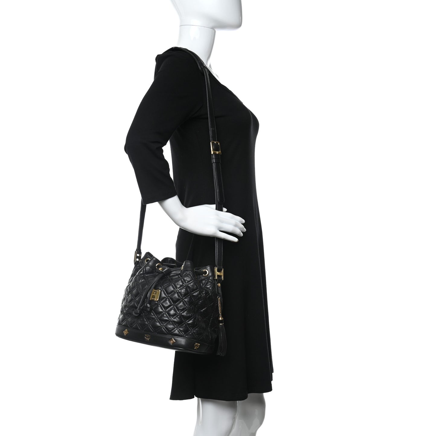 Calfskin Quilted Studded Bucket Bag Black