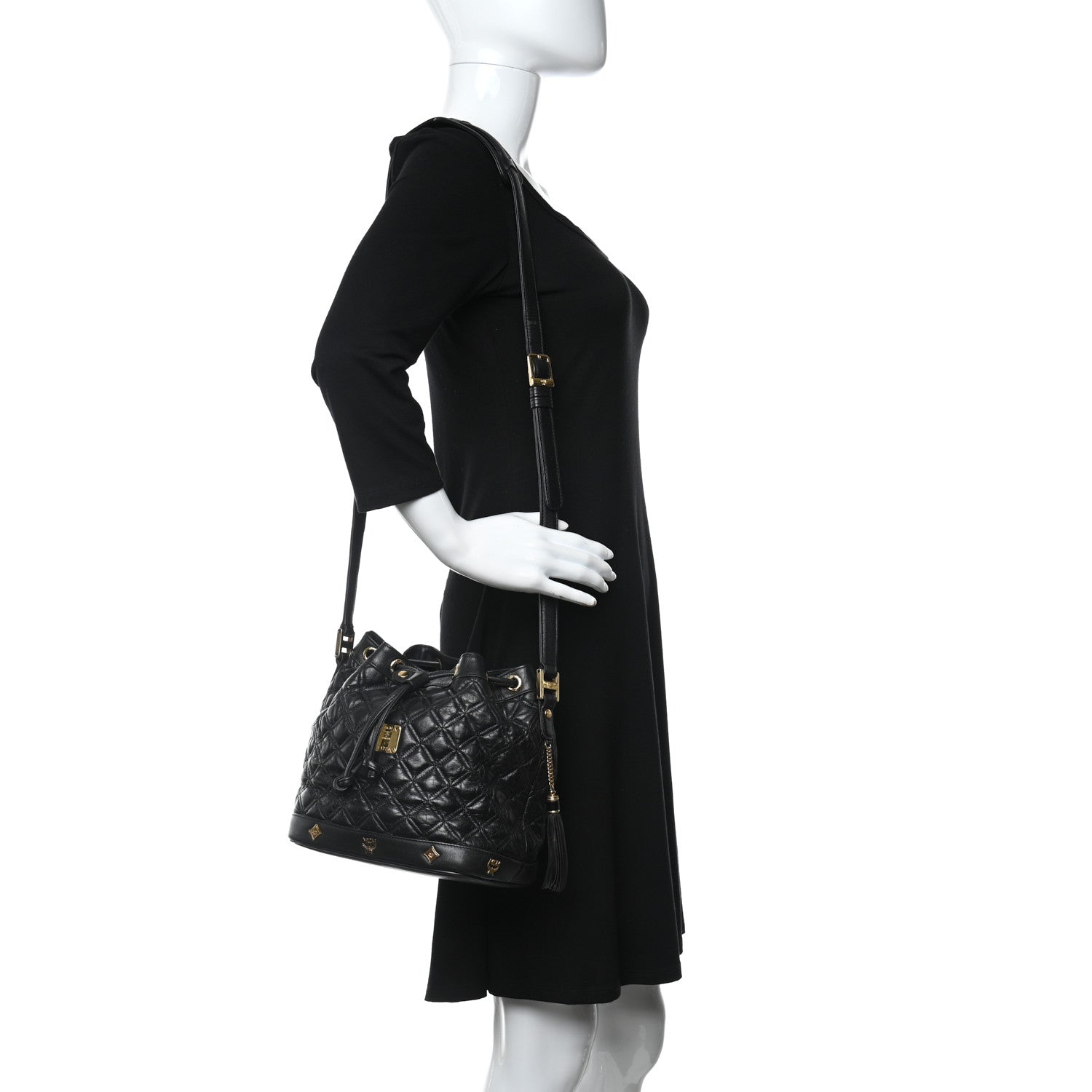 MCM Calfskin Quilted Studded Bucket Bag Black 2 of 9