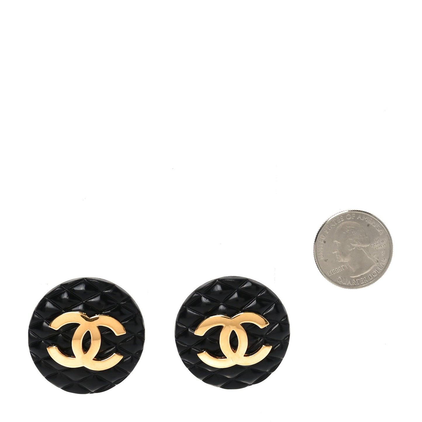 Enamel Quilted CC Clip On Earrings Black Gold
