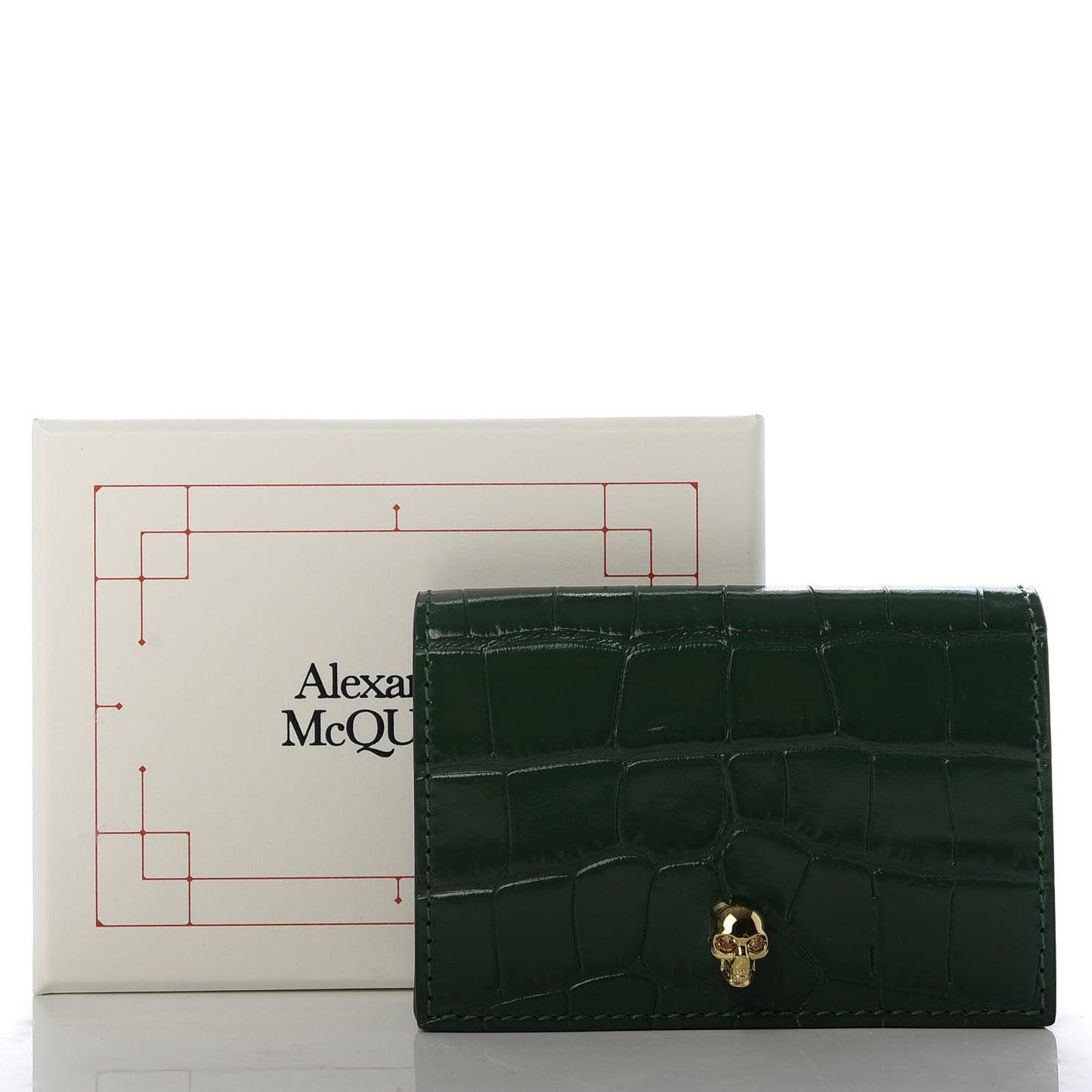 Calfskin Crocodile Embossed Skull Card Holder Emerald