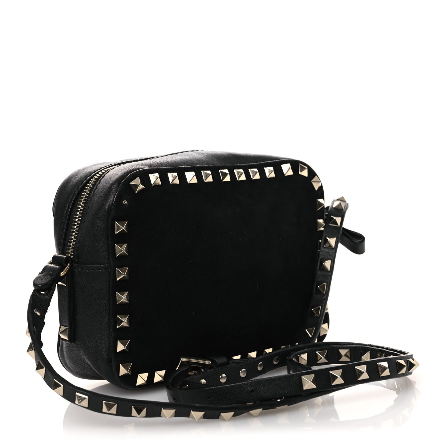 Calfskin Suede Rockstud Camera Crossbody Bag Black