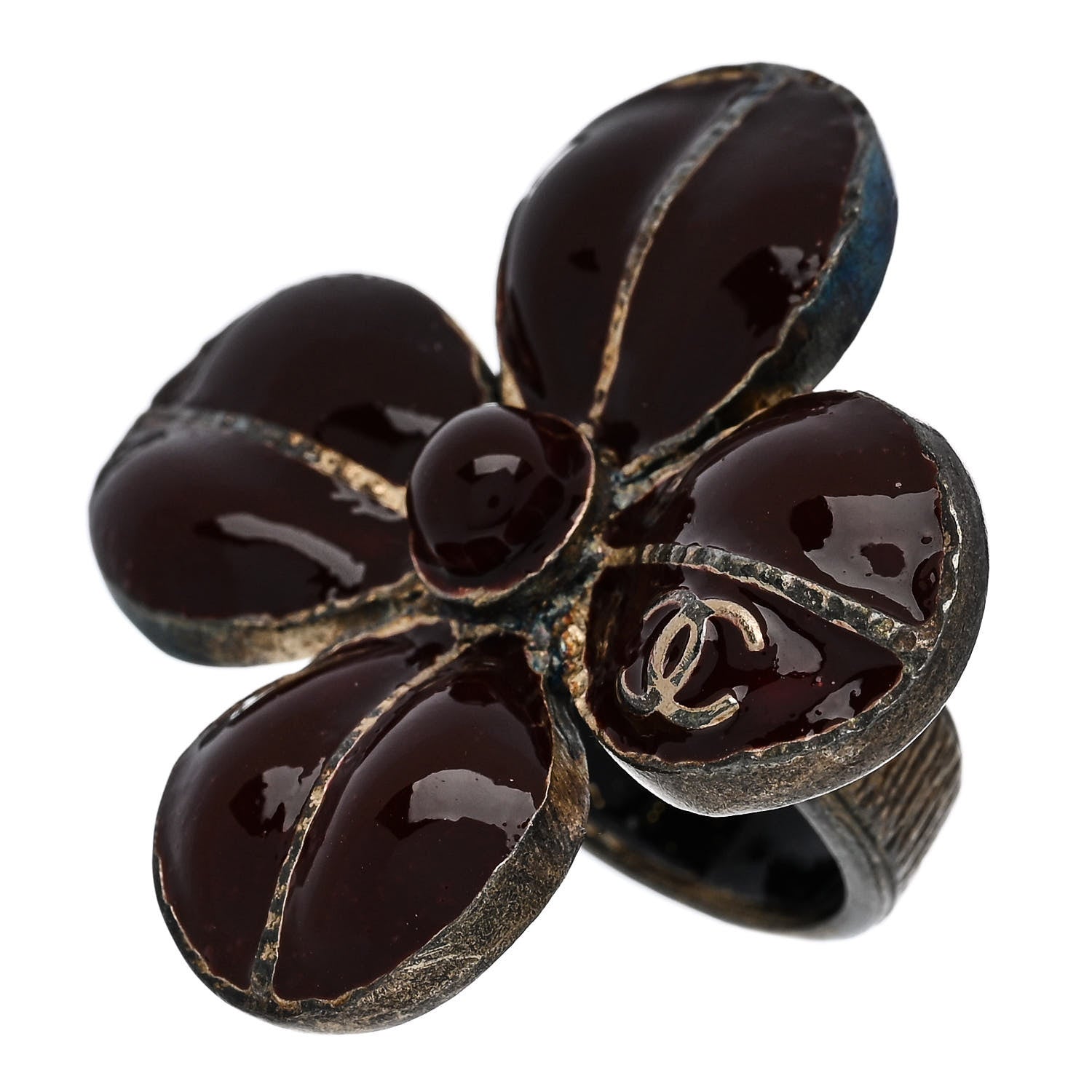 Chanel Enamel CC Flower Ring 52 6 Burgundy Silver 3 of 6