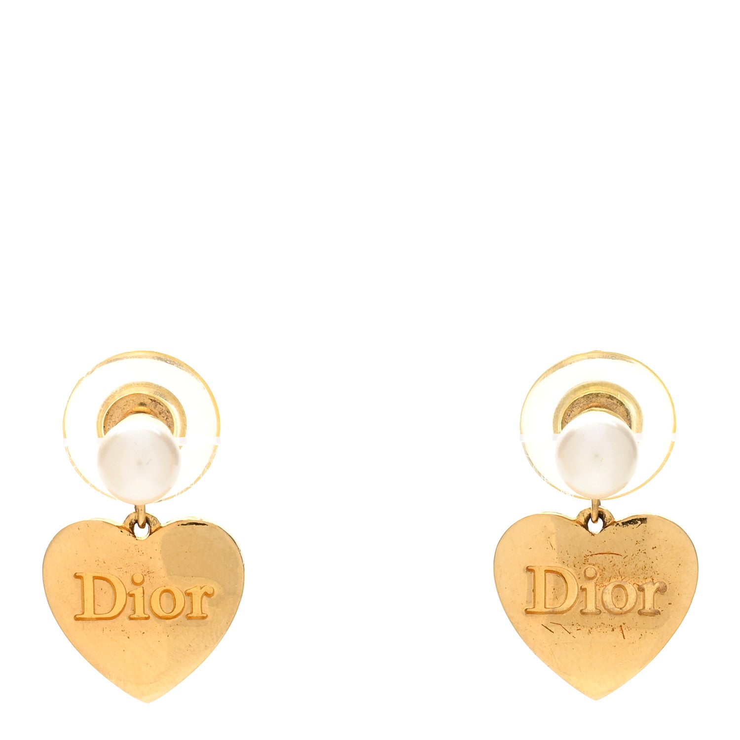 Christian Dior Pearl Heart Logo Drop Earrings Gold White 1 of 4