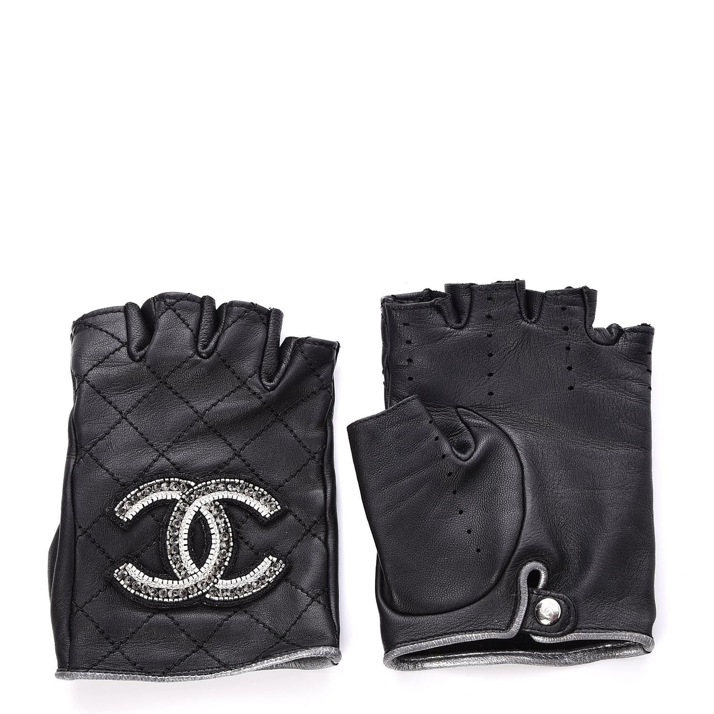 Lambskin Stitched Fingerless CC Embellished Gloves 7 Black