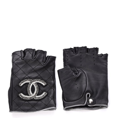 Chanel Lambskin Stitched Fingerless CC Embellished Gloves 7 Black 1 of 7
