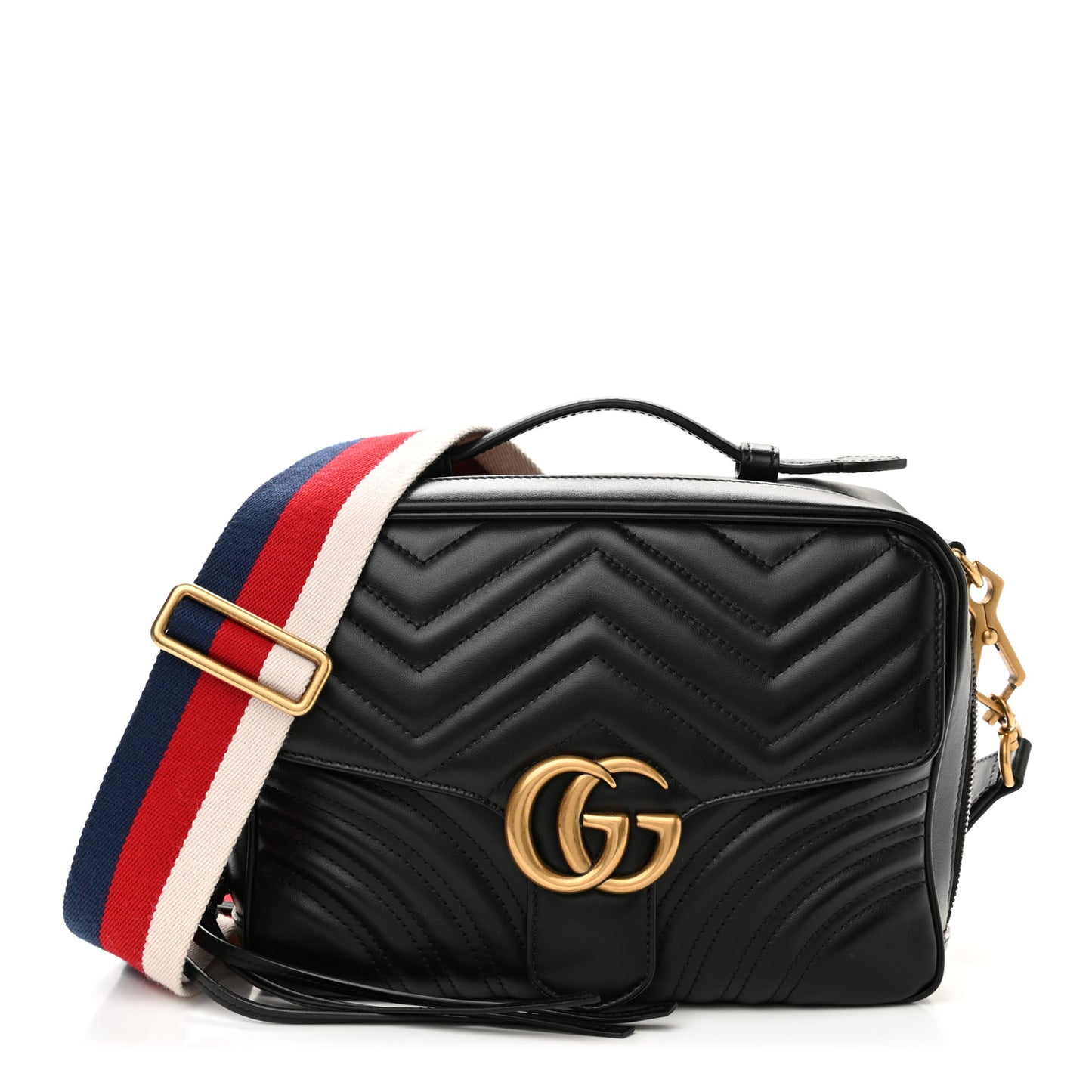 Calfskin Matelasse Sylvie Web Small GG Marmont Top Handle Shoulder Bag Black