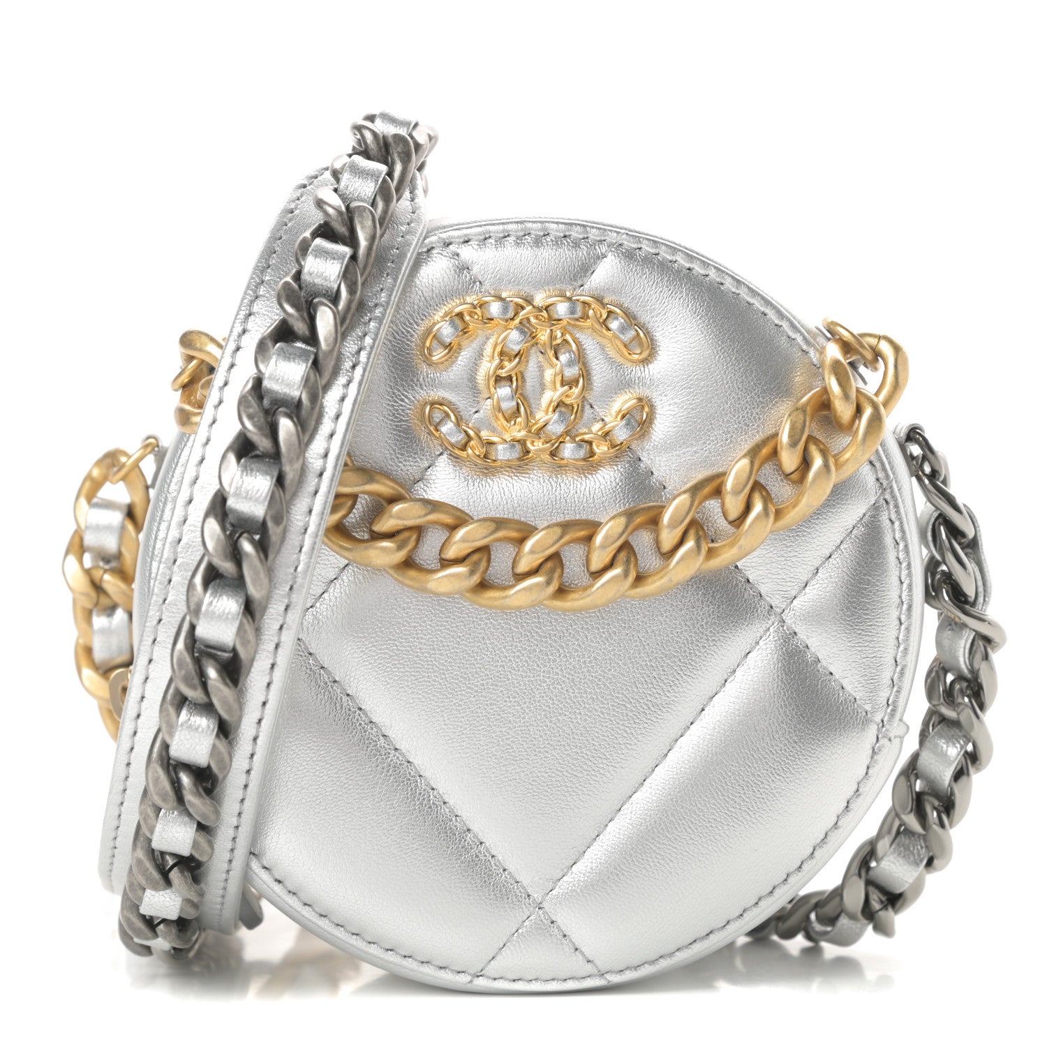 Chanel Metallic Lambskin Quilted Chanel 19 Round Clutch With Chain Silver 1 of 11