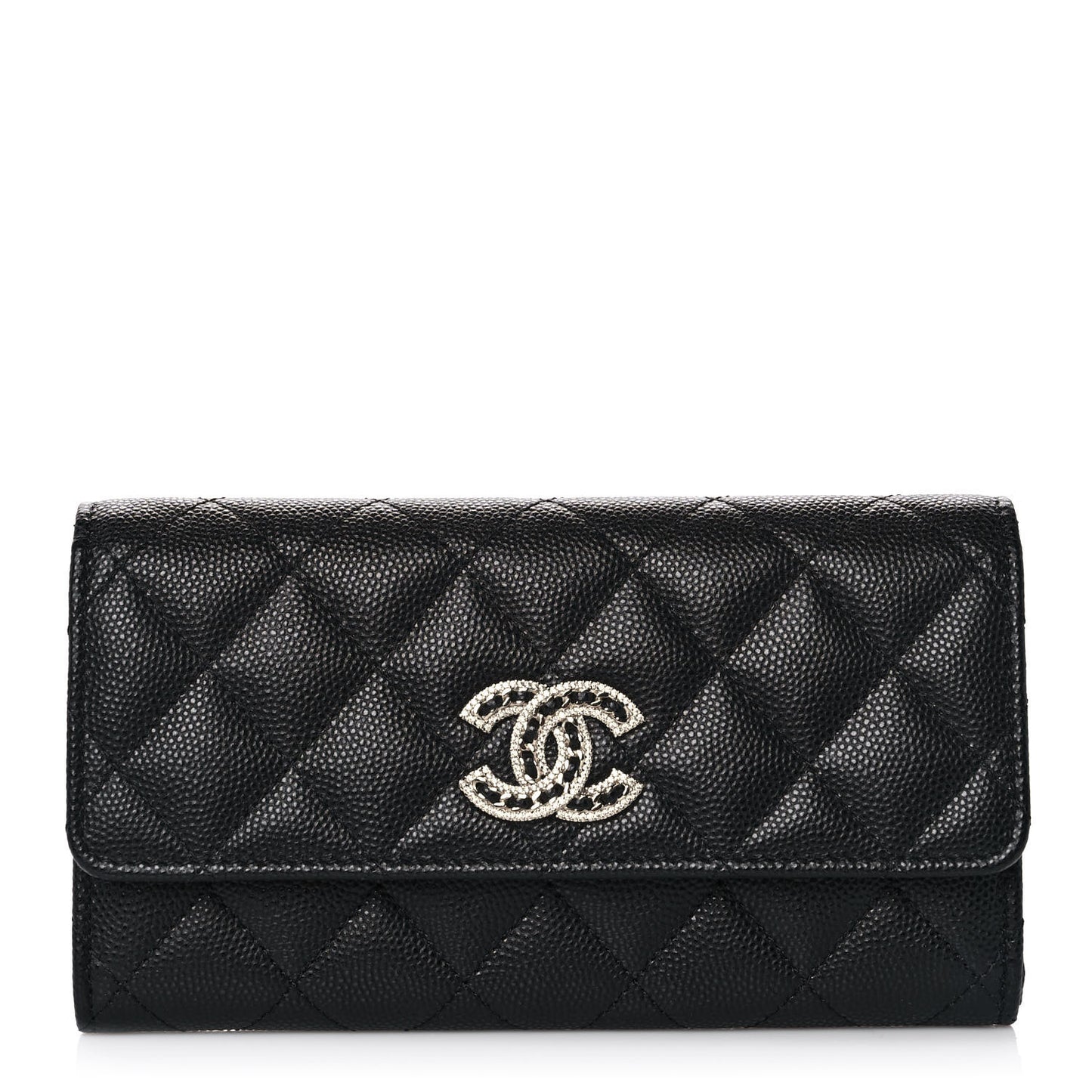 Caviar Quilted Crystal CC Large Gusset Flap Wallet Black