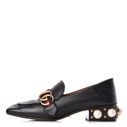 Gucci Betis Glamour Calfskin Web Pearl Embellished Peyton 35mm Loafer Pumps 37 Black 1 of 15