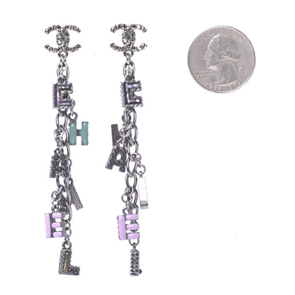 Chanel Crystal Enamel Logo Chain Drop Earrings Silver 2 of 6