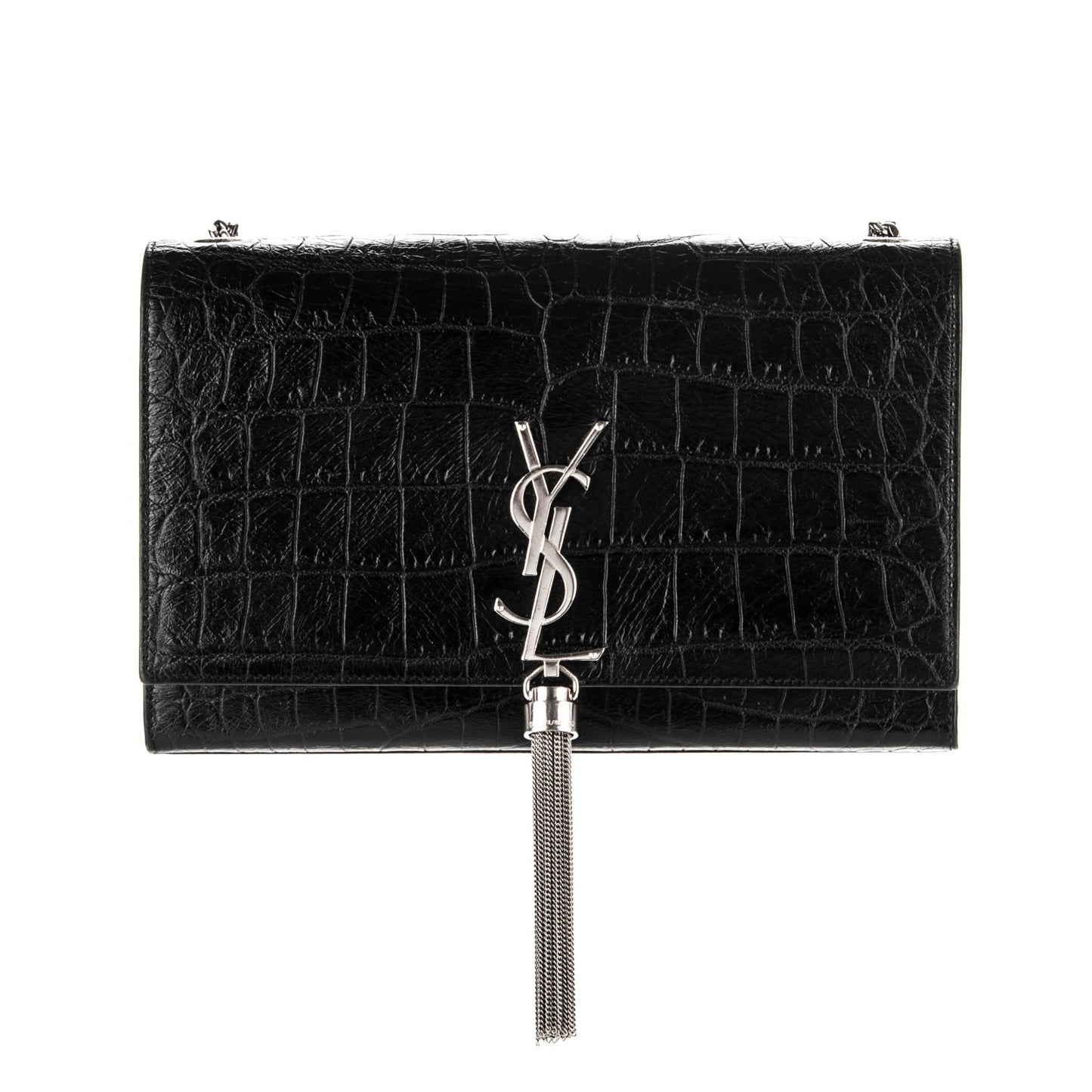 Calfskin Crocodile Embossed Medium Classic Monogram Kate Tassel Satchel Black
