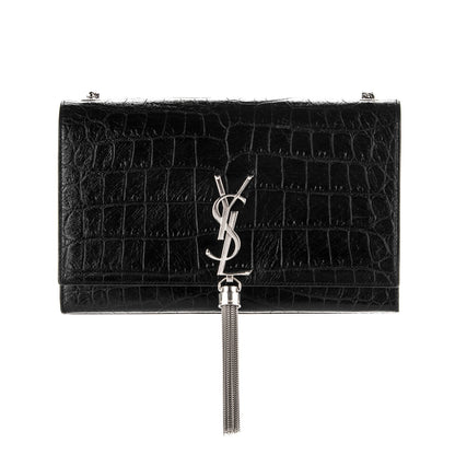 Saint Laurent Calfskin Crocodile Embossed Medium Classic Monogram Kate Tassel Satchel Black 1 of 7