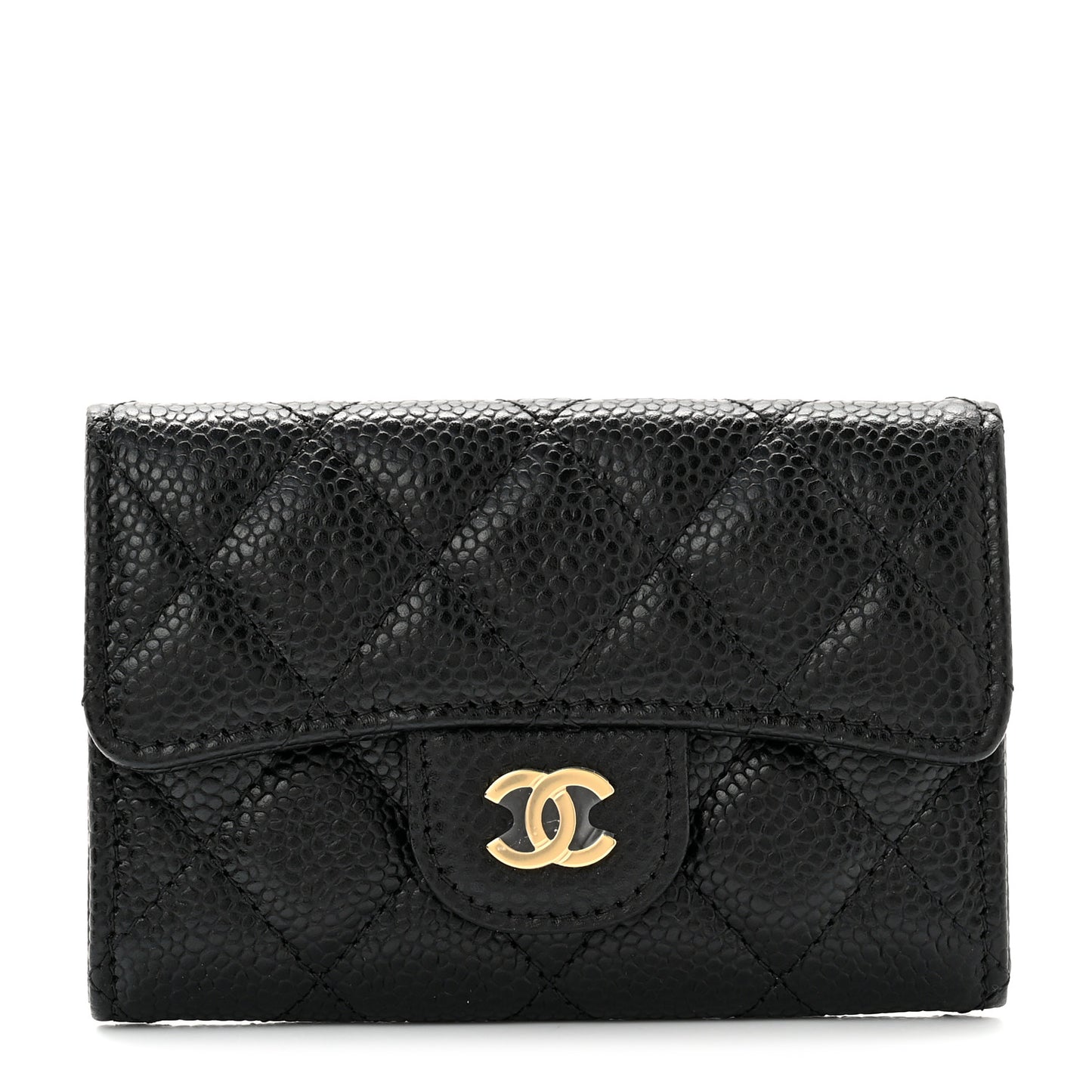 Caviar Quilted Flap Card Holder Wallet Black