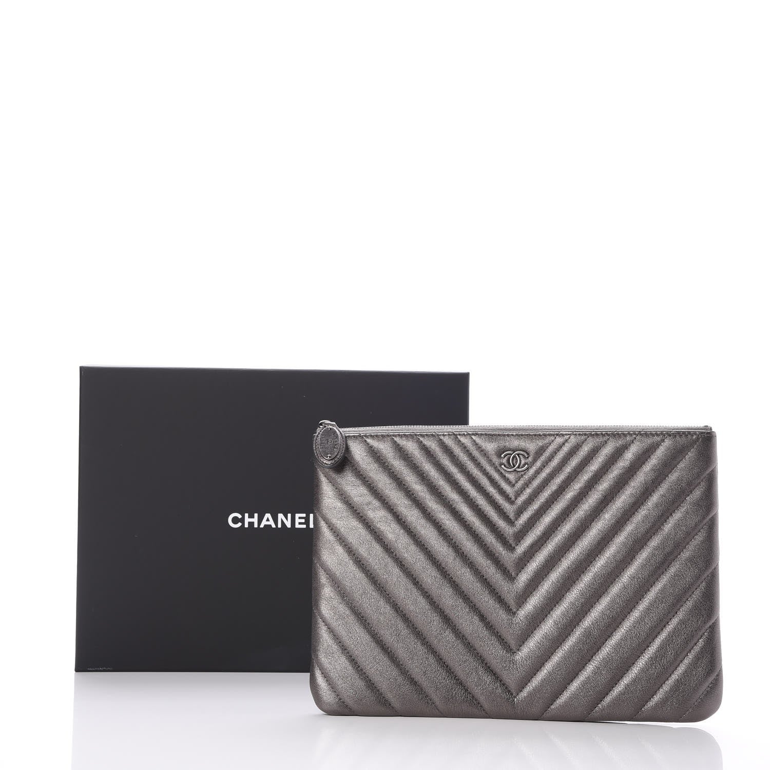 Chanel Metallic Calfskin Chevron Quilted Medium Cosmetic Case Dark Silver 8 of 8