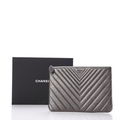 Chanel Metallic Calfskin Chevron Quilted Medium Cosmetic Case Dark Silver 8 of 8