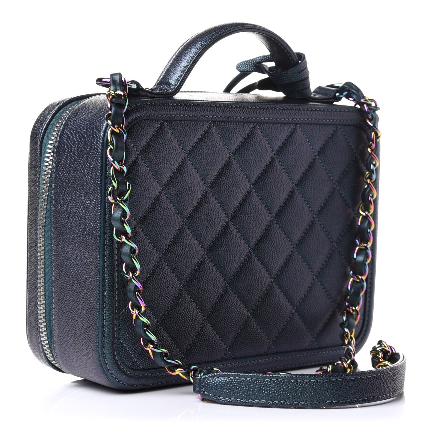 Iridescent Caviar Quilted Medium CC Filigree Vanity Case Dark Turquoise
