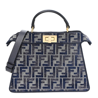 Fendi Chenille Vitello Seta FF Small Peekaboo I SEE U Satchel Grigio Blue Notte 1 of 12