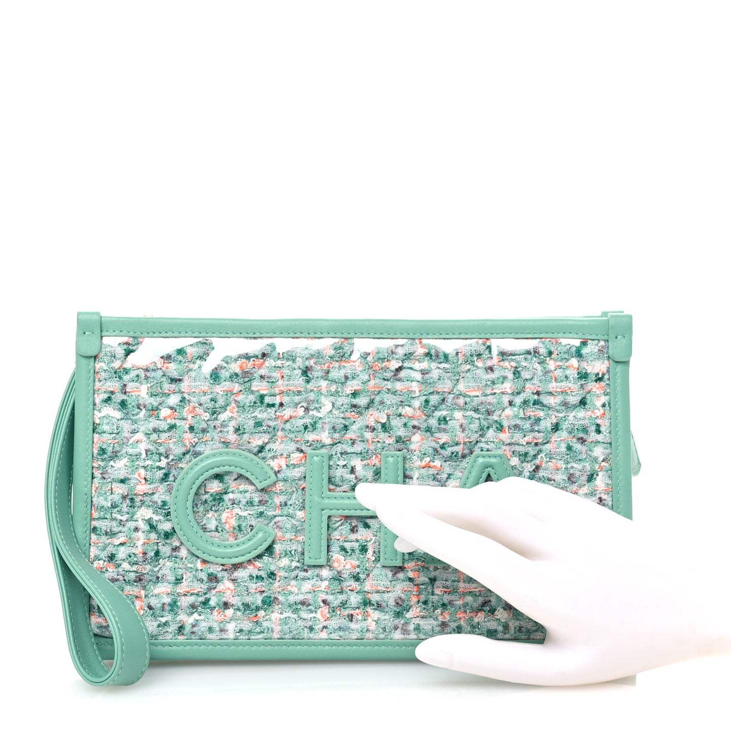 Tweed Lambskin Quilted Wristlet Pouch Green