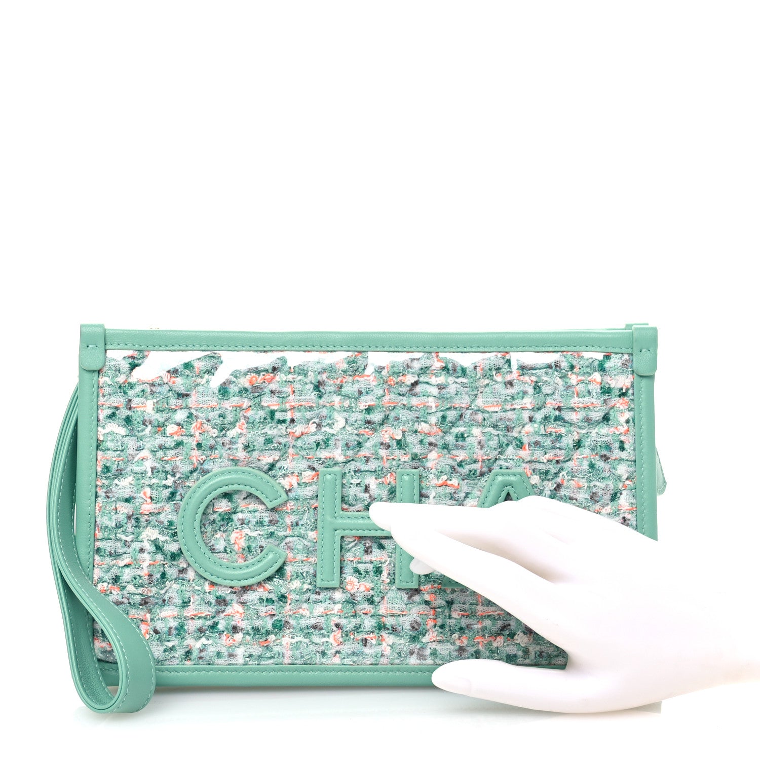 Chanel Tweed Lambskin Quilted Wristlet Pouch Green 2 of 11