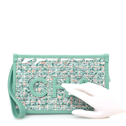 Chanel Tweed Lambskin Quilted Wristlet Pouch Green 2 of 11
