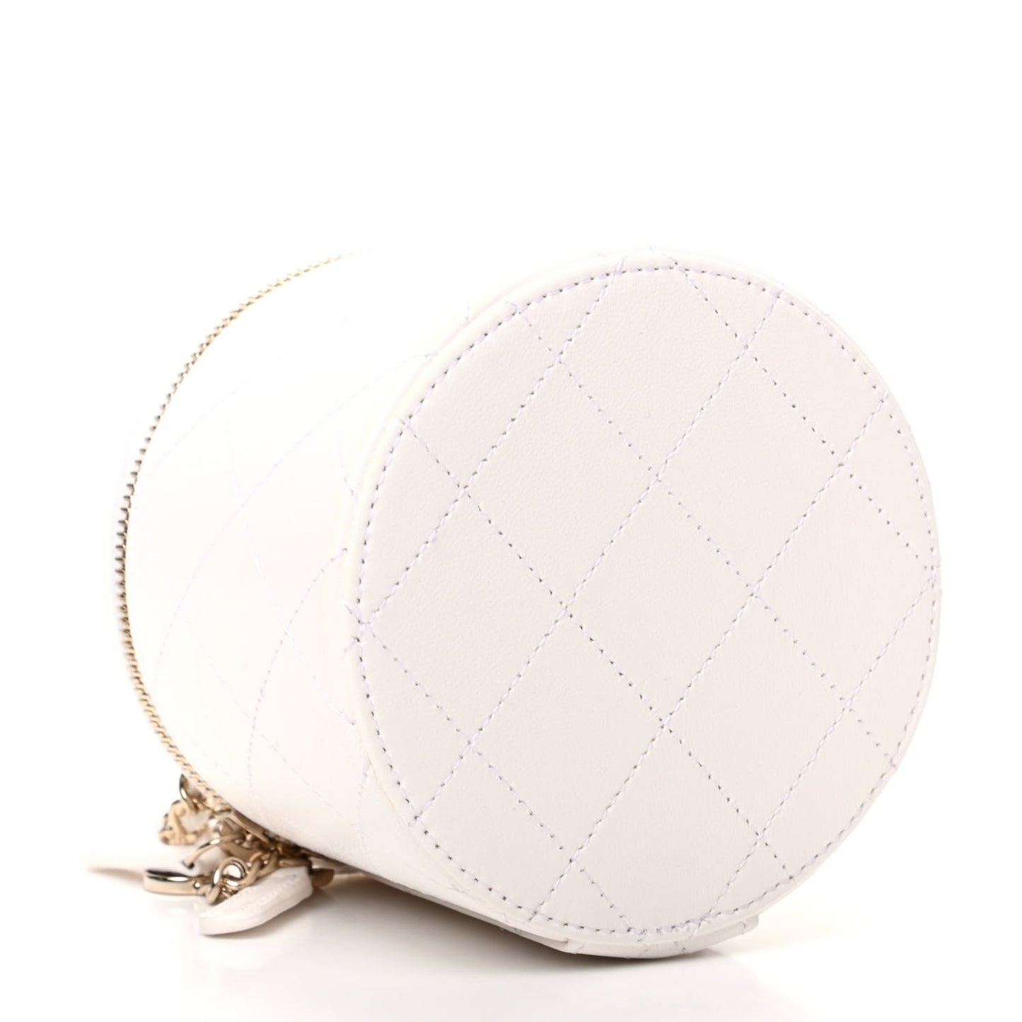 Lambskin Quilted Round Small Vanity Case With Chain White Black