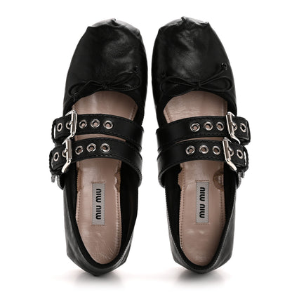 Miu Miu Nappa Vitello Nevada Double Buckle Ballerina Flats 36.5 Black 2 of 11
