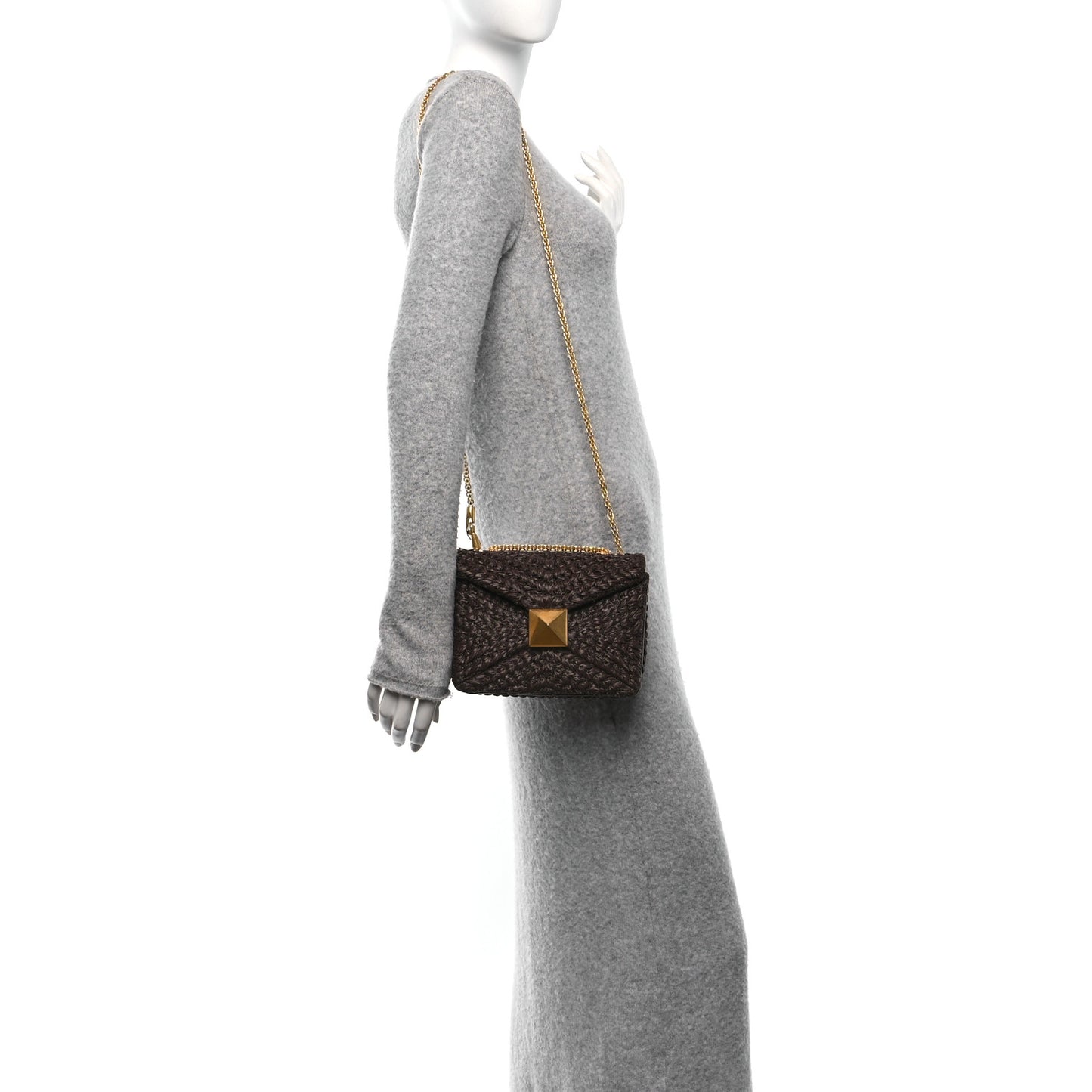 Raffia One Stud Chain Clutch Dark Brown