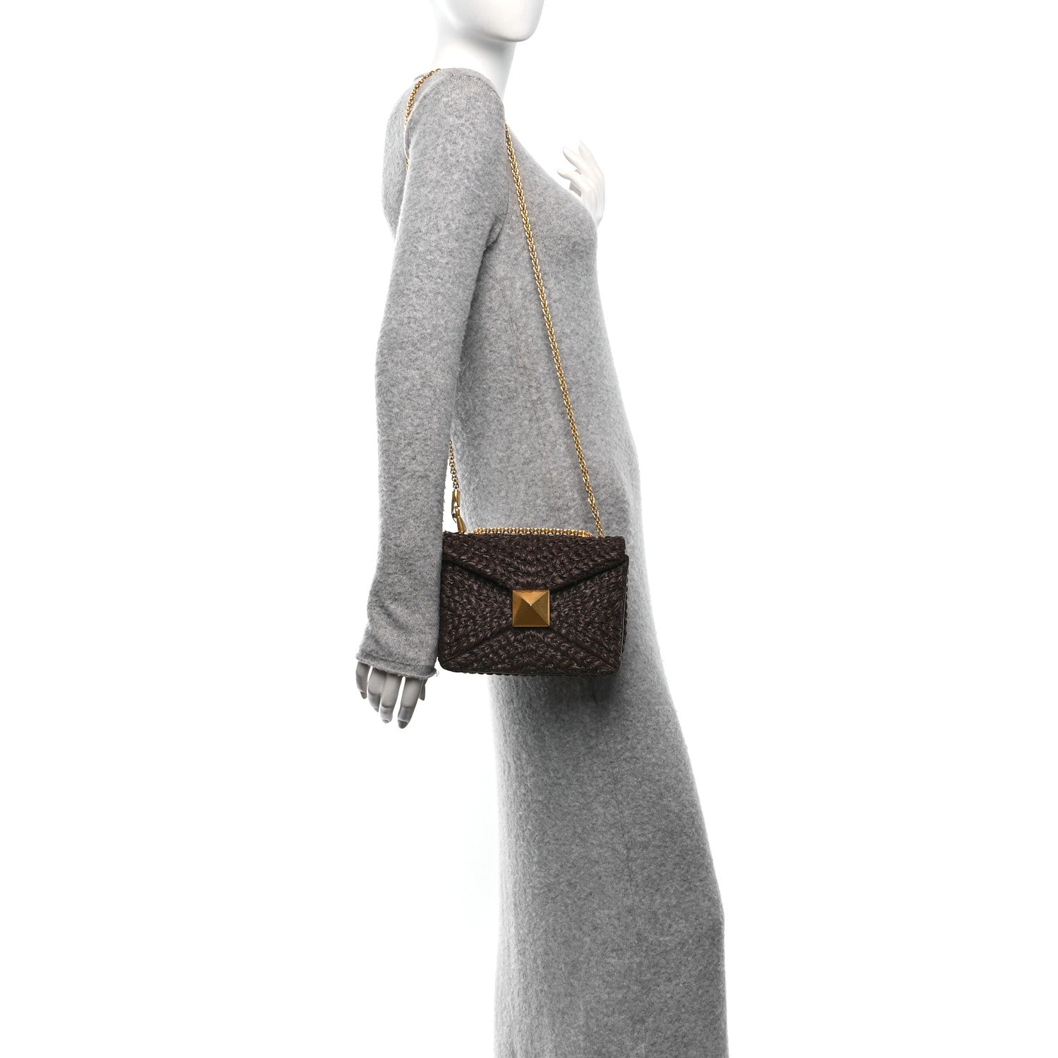 Valentino Garavani Raffia One Stud Chain Clutch Dark Brown 3 of 9