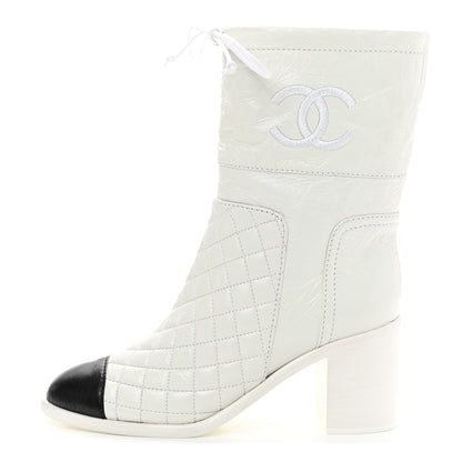 Chanel Crumpled Calfskin Quilted Cap Toe Short Boots 37.5 White Black 1 of 7