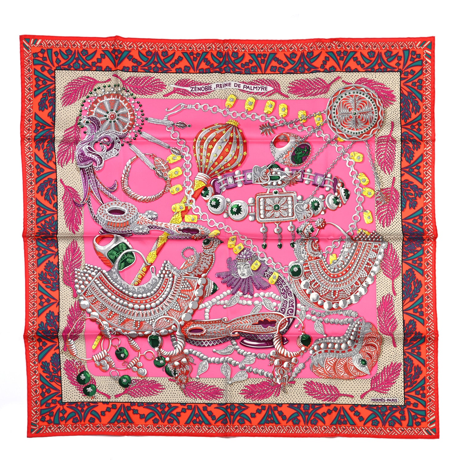 Hermes Silk Zenobie Reine De Palmyre Scarf 90 Rose Vif Orange Mastic 1 of 6